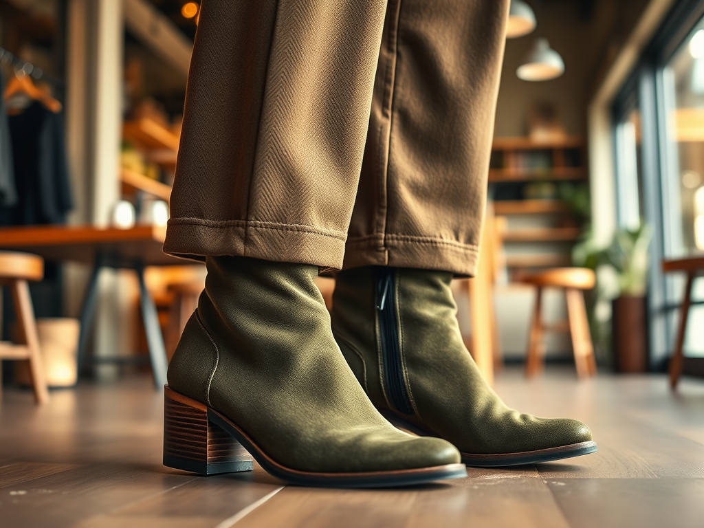 Een paar groene enkellaarsjes met een blokhak, gedragen met een beige broek in een stijlvolle omgeving.