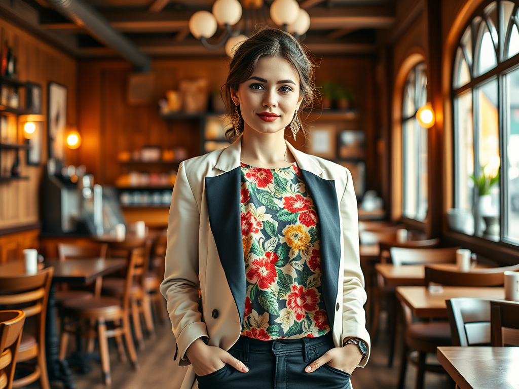 Een jonge vrouw met bloemenblouse en een blazer poseert in een gezellig café met houten inrichting.