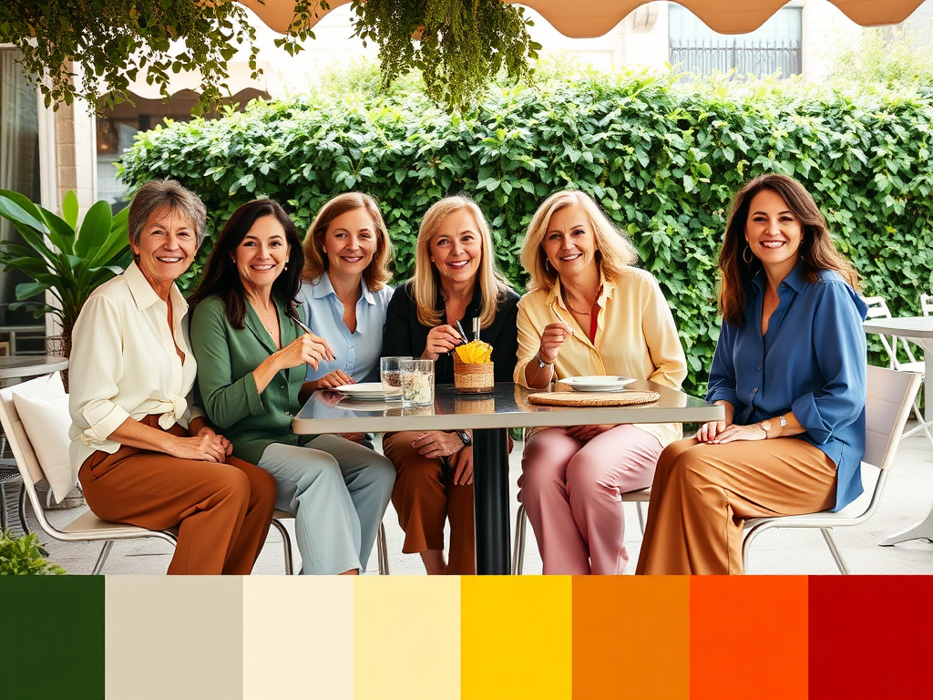 Zes glimlachende vrouwen zitten aan een tafel met eten en drinken, omringd door groen in een gezellige sfeer.