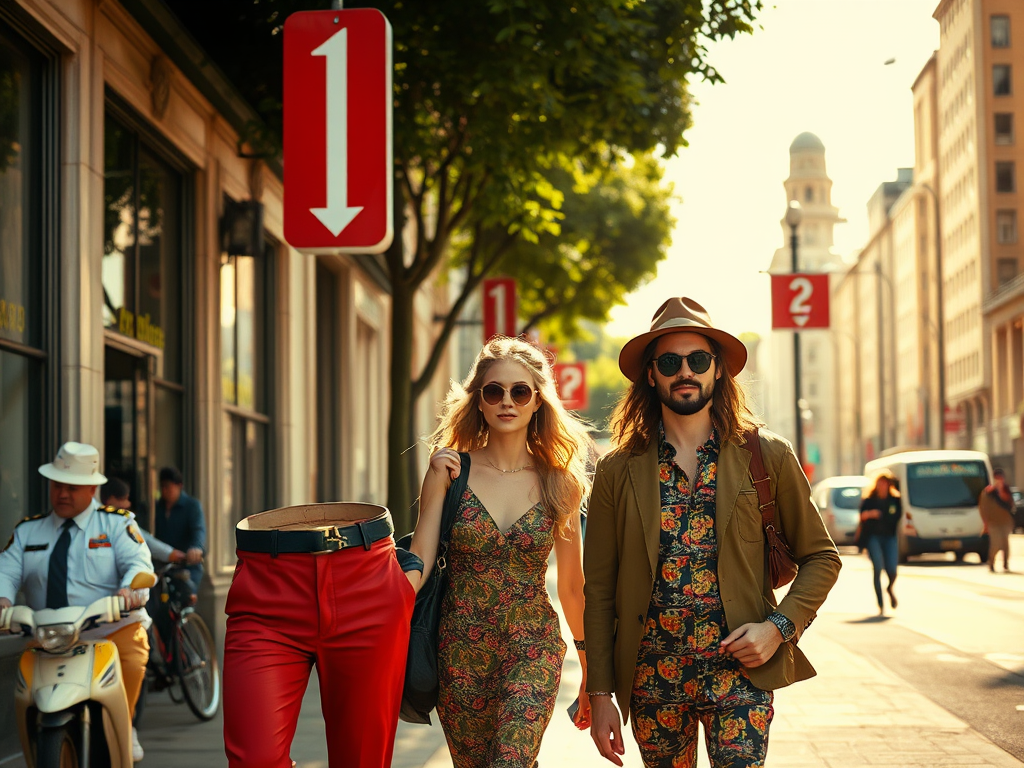 Een vrouw en een man wandelen stylish door de stad, met opvallende rode broek en modebewuste outfits.