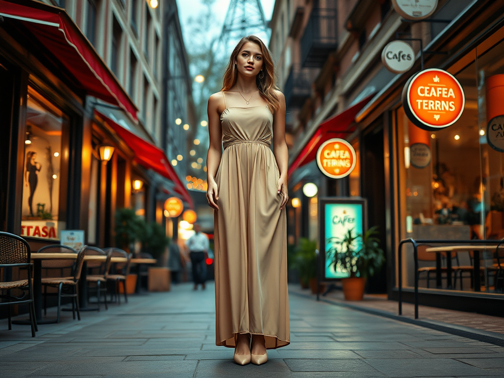 Een vrouw in een lange, beige jurk staat in een sfeervolle straat met cafés en lichten.