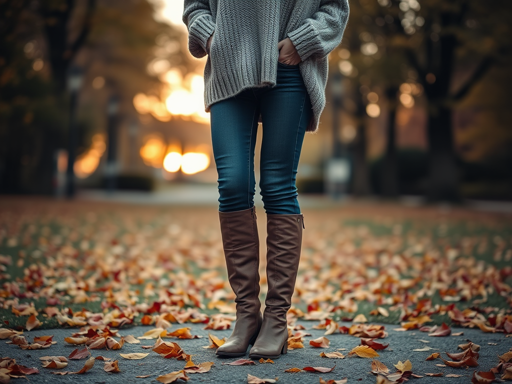 Een vrouw in een oversized trui en leren laarzen staat op een pad vol herfstbladeren bij zonsondergang.