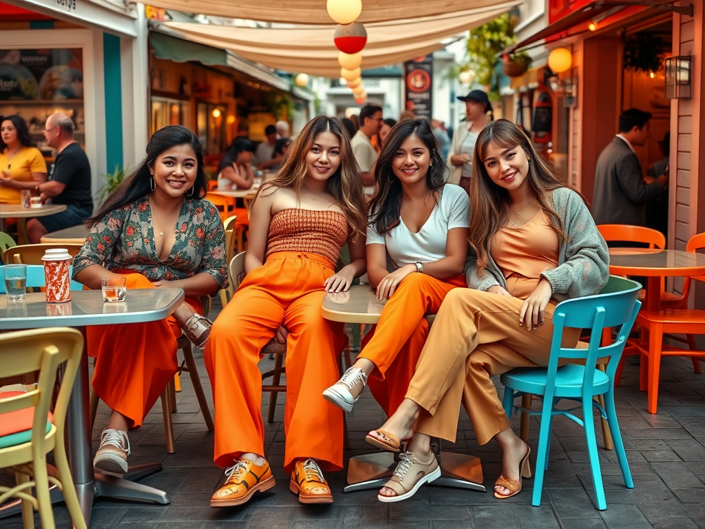 Vier vrouwen in kleurrijke outfits zitten samen aan een tafel in een levendige buitenomgeving.