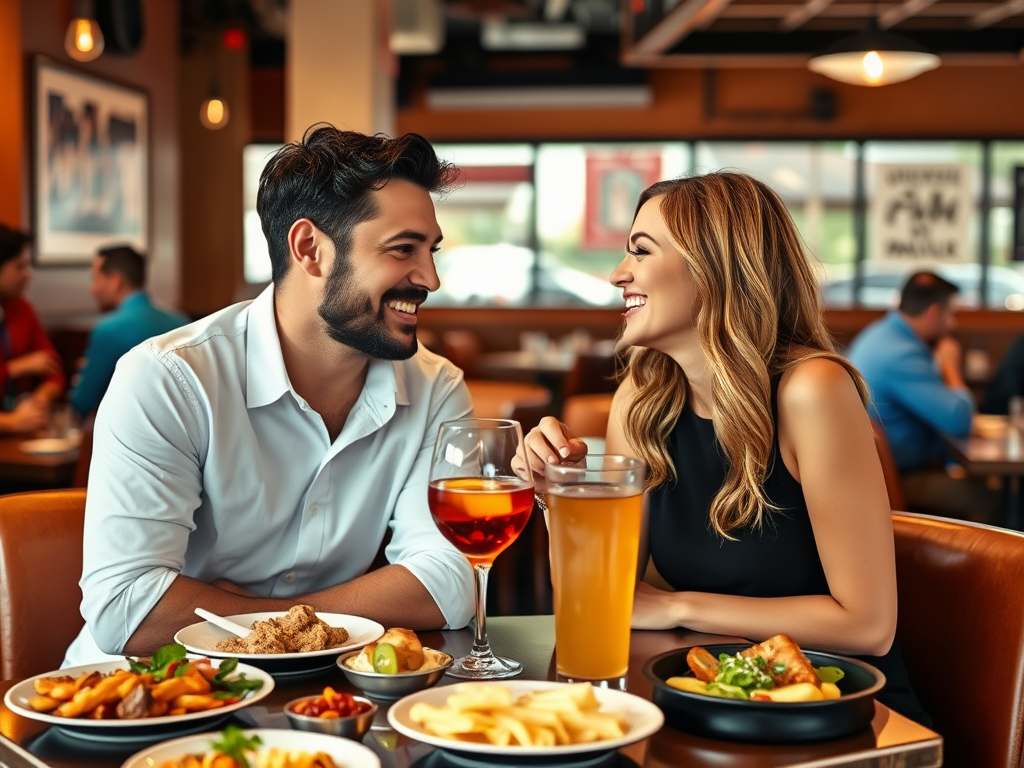 Een vrouw en man lachen en praten samen aan een tafel vol eten en drinken in een sfeervol restaurant.