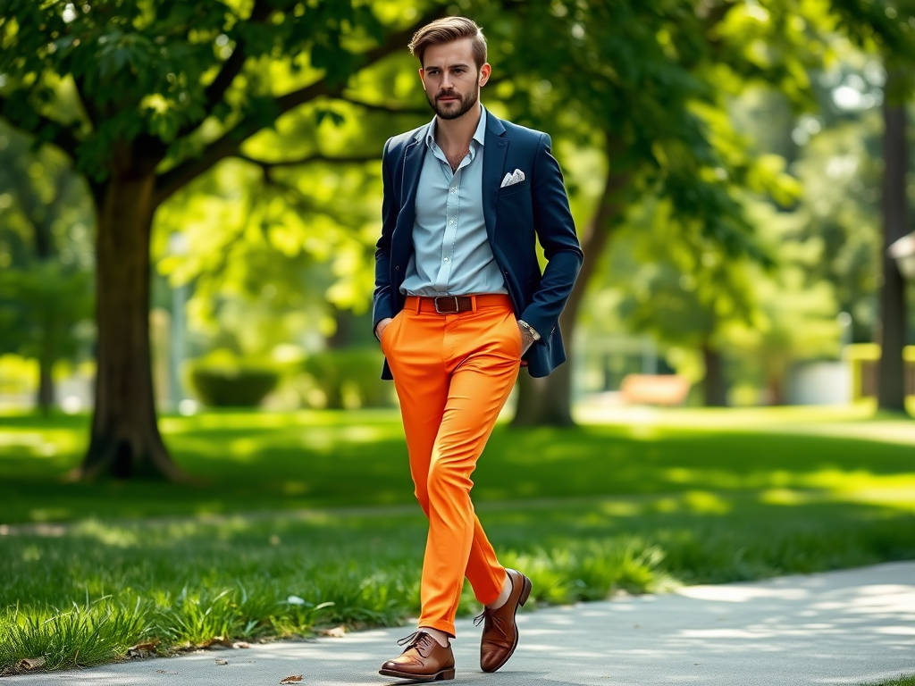 Een man in een blauwe blazer en oranje broek wandelt ontspannen in een groen park.