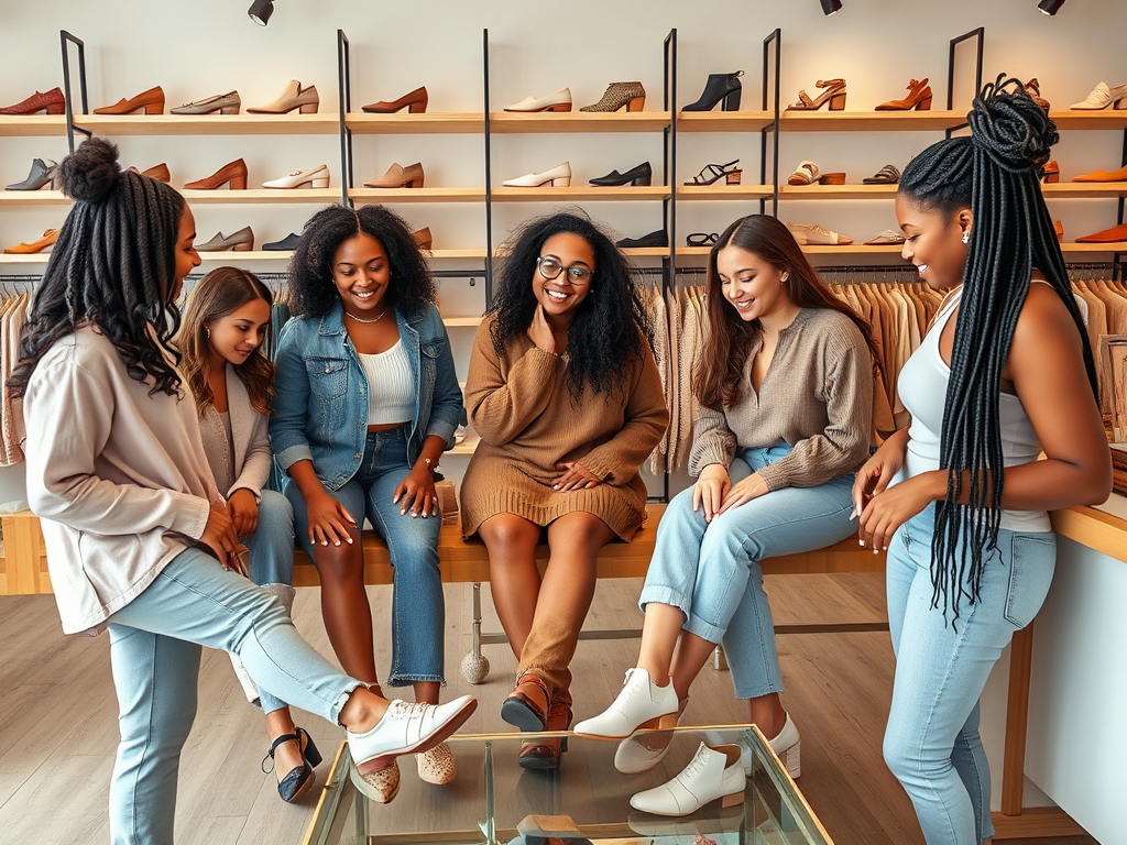 Zes vrouwen zitten in een schoenenwinkel, lachend en schoenen bewonderend, terwijl ze elkaar helpen met passen.