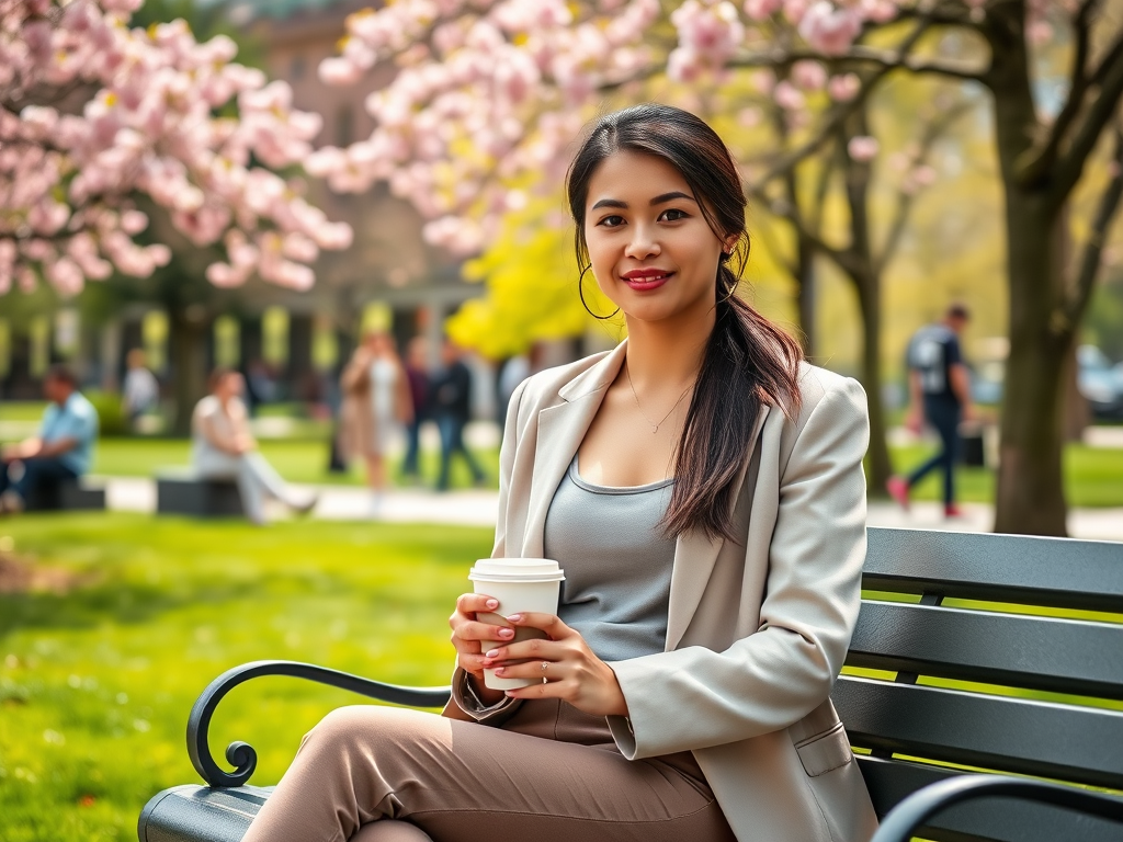 Een vrouw in een blazer zit op een bank onder bloeiende bomen met een koffiebeker in haar hand.