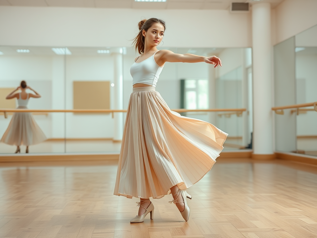 Een danseres in een studio draait met elegantie in een lange, plooibare rok en ballet slippers.