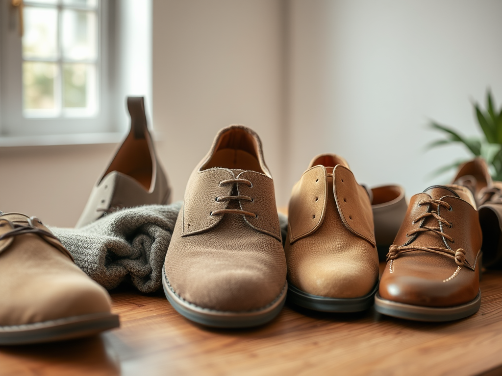 Een verzameling verschillende nette schoenen in bruine tinten, op een houten oppervlak met een soepel kledingstuk erbij.