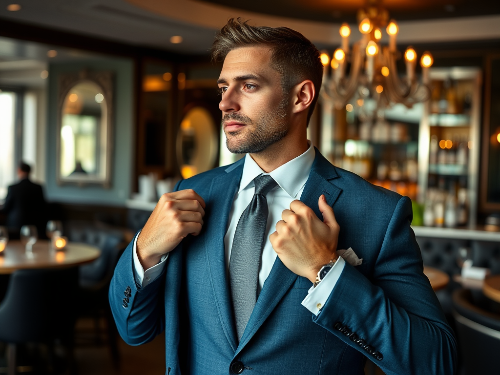 Een man in een blauw pak staat in een chique restaurant en kleedt zijn outfit aan met een zelfverzekerde blik.