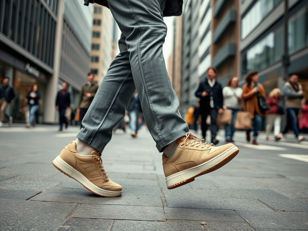 Een persoon loopt in een drukke straat met beige sportschoenen en grijze broek, omgeven door andere mensen.