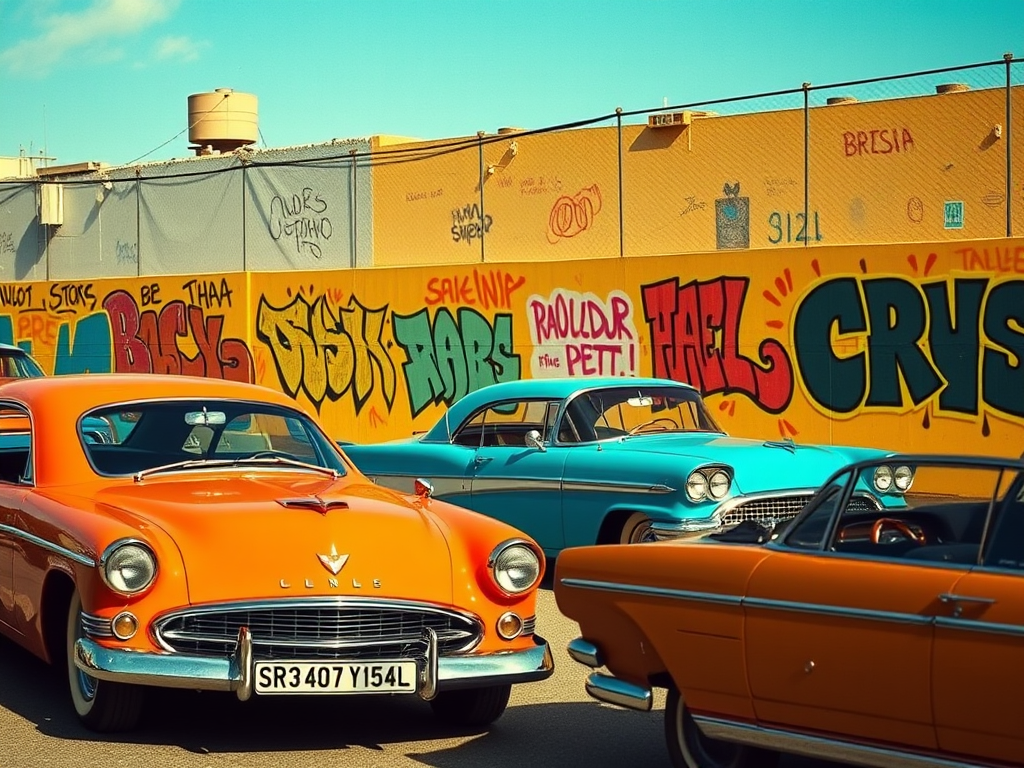 Drie klassieke auto's in verschillende kleuren staan voor een muur met kleurrijke graffiti.