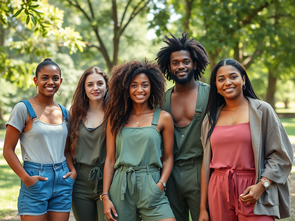 Vijf mensen in trendy outfits poseren glimlachend in een park omringd door bomen en groen.